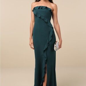 Lulus Excellent Sensation Green Strapless Ruffled Maxi Dress